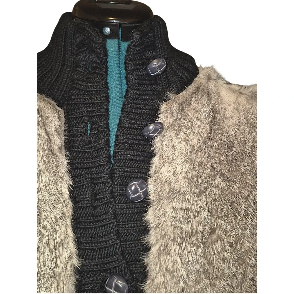 TwoPercent Vintage Women's Wool Blend Knit Leather Button Sweater Faux Fur Med